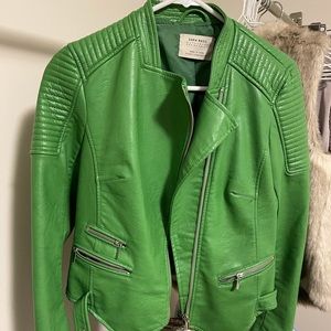 ZARA Cropped Faux Leather Biker Jacket in vibrant green